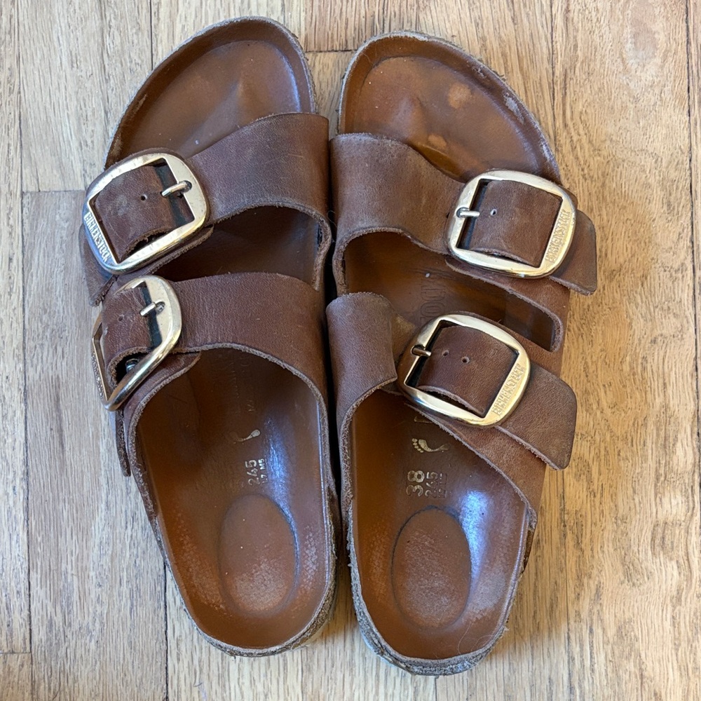 Birkenstock Arizona Natural Brown Leather Gold Buckle 8/38